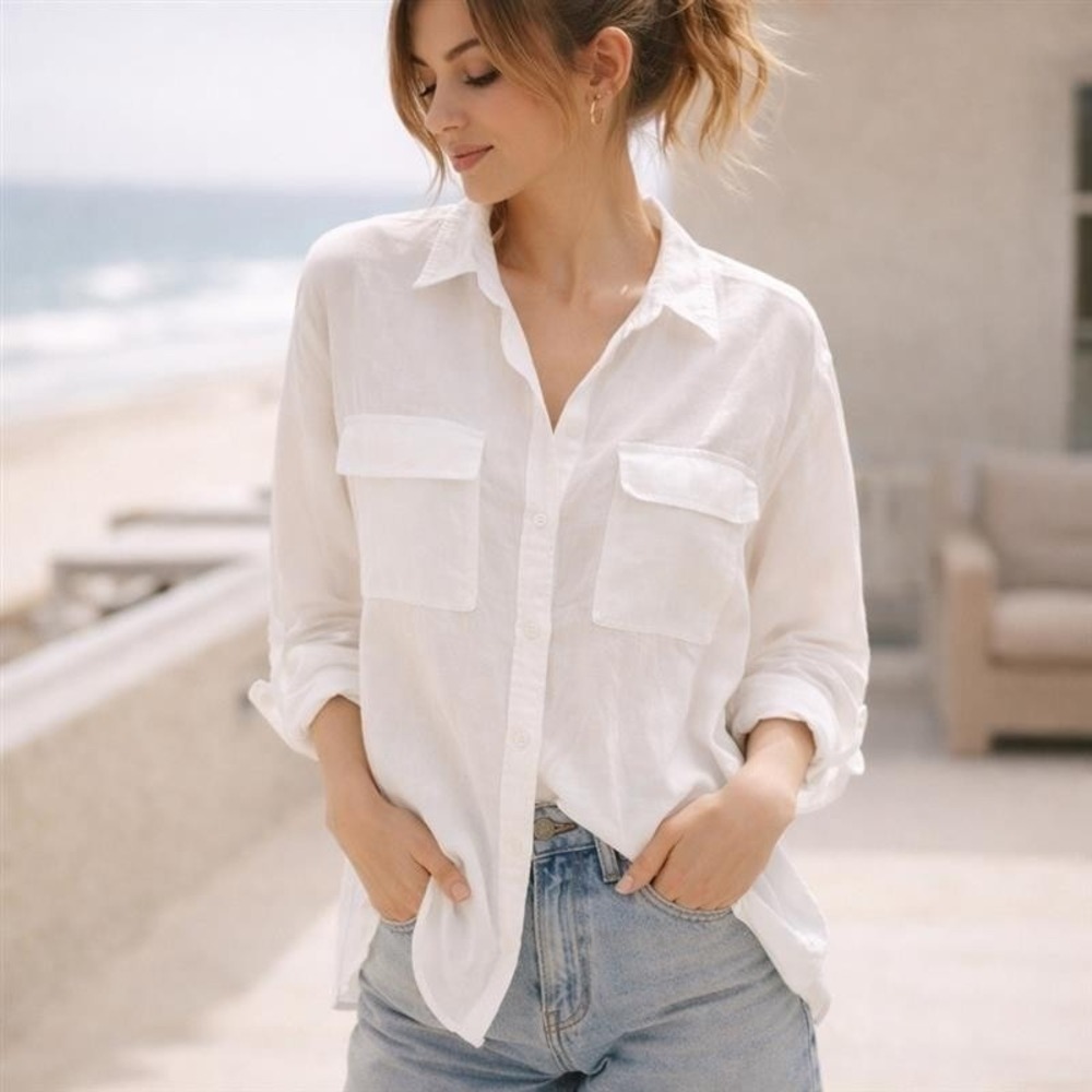 Babaton Button Down Shirt Womens S White Linen Blend Utility Pocket Minimalist